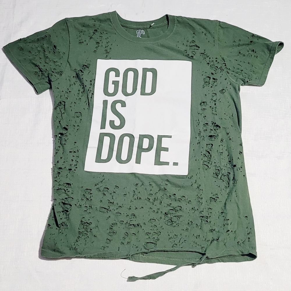 “God Is Dope” Distressed T-shirt Size M (Unisex) Green